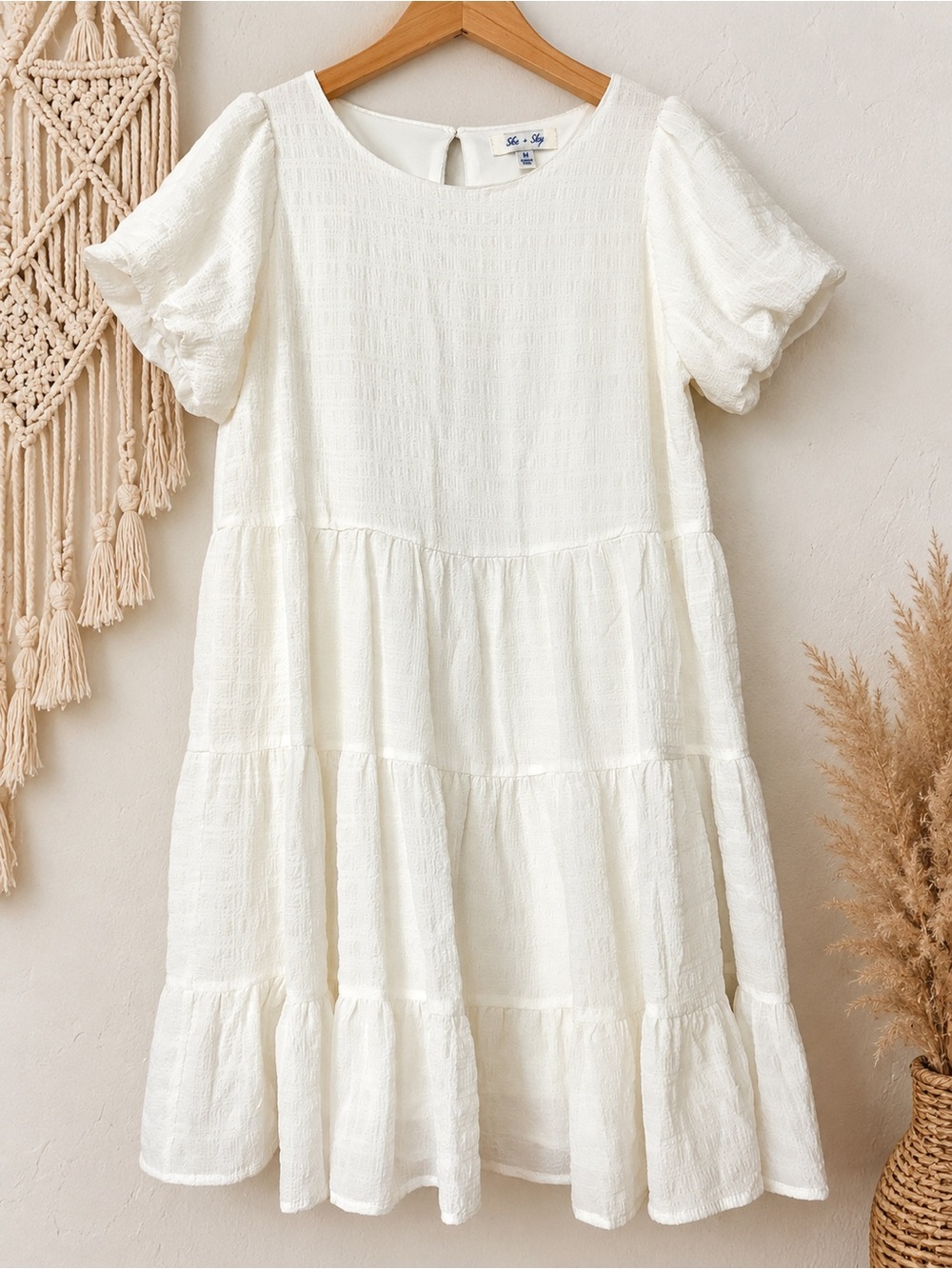 She + Sky • White Textured Tiered Babydoll Mini Dress Puff Sleeve Size M